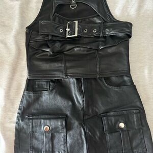Faux Leather Black mini skirt and shirt with buckle-concert/goth